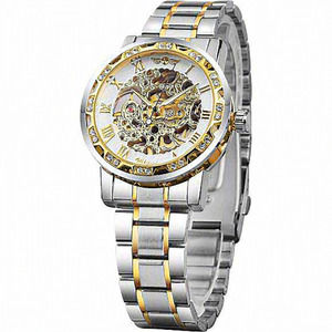 Men Silver White Retro Mechanical‎ Skeleton Watch with Carving Flower Craft